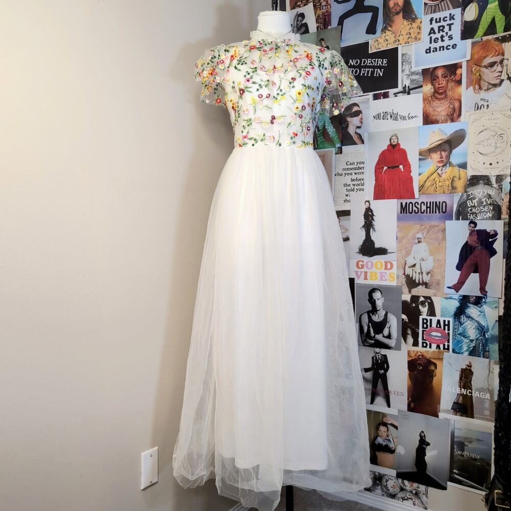 Floral Embroidered White Tulle Maxi Dress